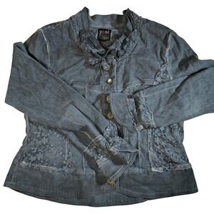 Yest Denim Jacket Lace Detail Ruffle Collar Button Up Blue Jean Coat Size 8-10